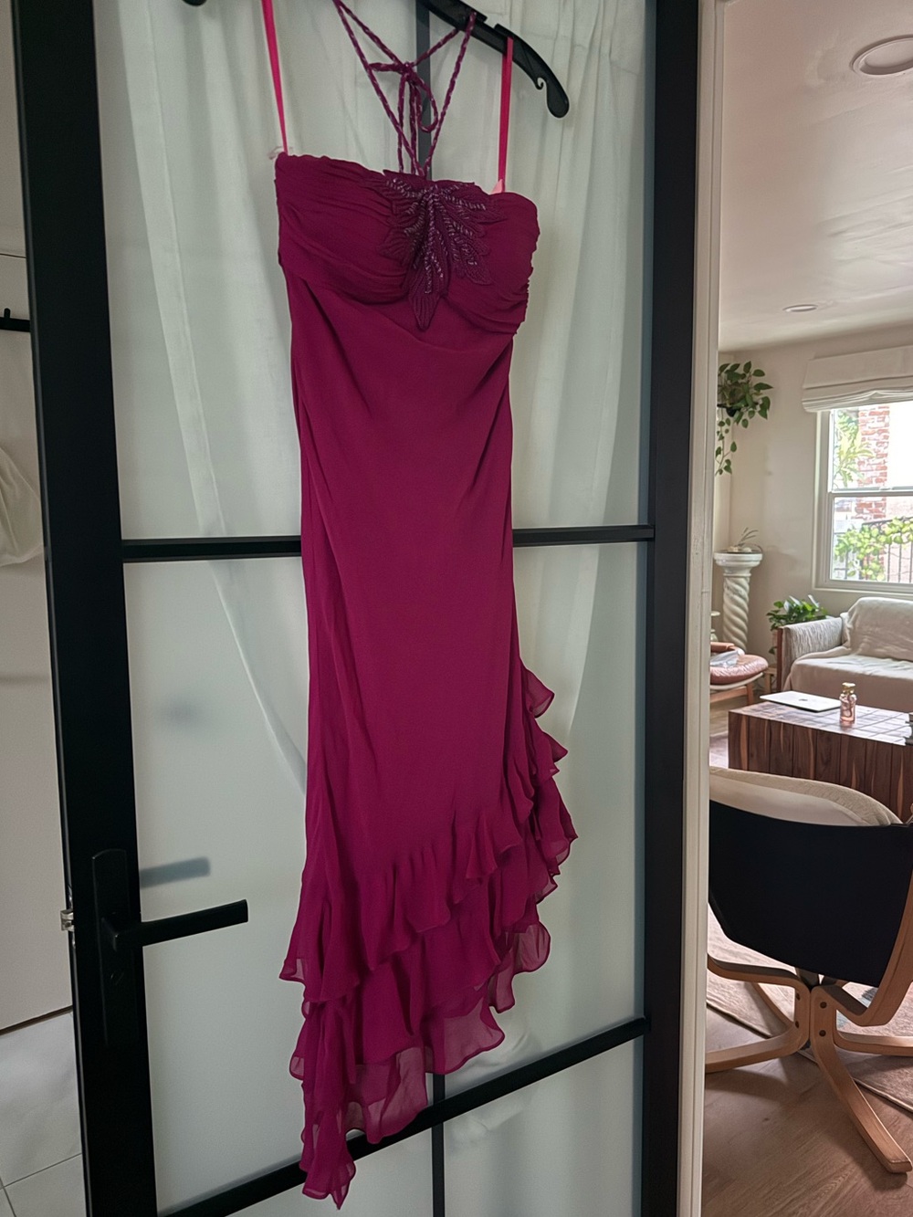 Vintage Sue Wong 100% silk beaded Strapless Fuchsia Ruffled Evening Dress